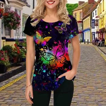 Модная женская красочная футболка с принтом граффити, забавная повседневная футболка с круглым вырезом и короткими рукавами, летняя женская футболка XS фиолетовый