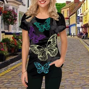 Модная женская красочная полая футболка с принтом бабочки, забавная повседневная футболка с круглым вырезом и короткими рукавами, летняя женская футболка XS золотой