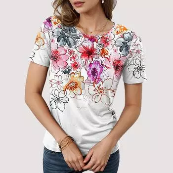 Модная женская красочная простая футболка с цветочным принтом, забавная повседневная футболка с круглым вырезом и короткими рукавами, летняя женская футболка XS красный