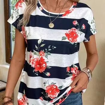 Модная женская креативная цветочная полосатая футболка с цветными блоками и принтом, забавная повседневная футболка с круглым вырезом и короткими рукавами, летняя женская футболка XS синий