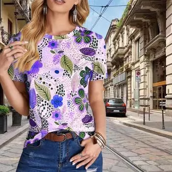 Модная женская креативная футболка с акварельными цветами и листьями, забавная повседневная футболка с круглым вырезом и короткими рукавами, летняя женская футболка XS фиолетовый