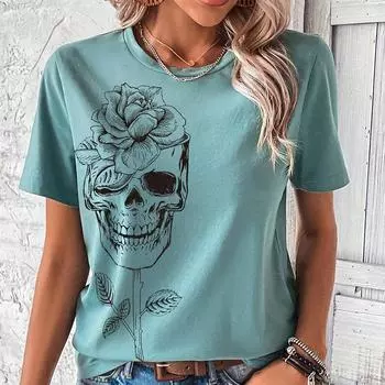 Модная женская креативная футболка с черепом, розой, буквой, черепахой, крестом и цветочным принтом, забавная повседневная футболка с круглым вырезом и короткими рукавами, летняя женская футболка XS зелёный