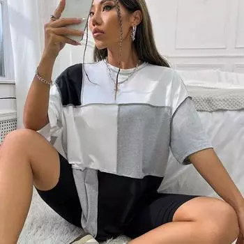 Модная женская креативная футболка с цветными блоками и принтом бабочки животных, забавная повседневная футболка с круглым вырезом и короткими рукавами, летняя женская футболка XS розовый