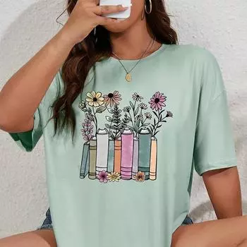 Модная женская креативная футболка с цветочным книжным принтом, забавная повседневная футболка с круглым вырезом и короткими рукавами, летняя женская футболка