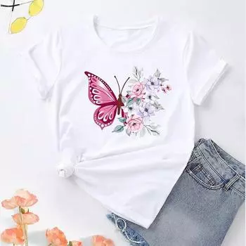 Модная женская креативная футболка с принтом «бабочка-цветок», забавная повседневная футболка с короткими рукавами и круглым вырезом, летняя женская футболка XS розовый