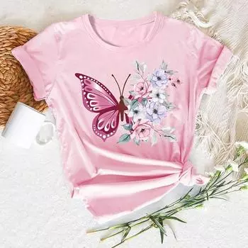 Модная женская креативная футболка с принтом «бабочка-цветок», забавная повседневная футболка с короткими рукавами и круглым вырезом, летняя женская футболка XS белый