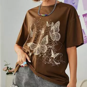 Модная женская креативная футболка с принтом бабочки, забавная повседневная футболка с круглым вырезом и короткими рукавами, летняя женская футболка XS розовый