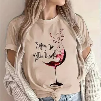 Модная женская креативная футболка с принтом «бокал вина» и буквами, забавная повседневная футболка с круглым вырезом и короткими рукавами, летняя женская футболка XS розовый