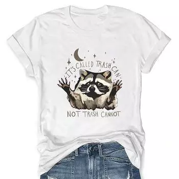 Модная женская креативная футболка с принтом луны и животного енота, забавная повседневная футболка с круглым вырезом и короткими рукавами, летняя женская футболка XS белый