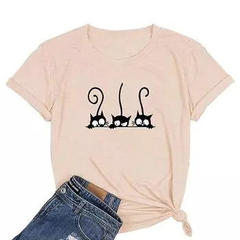 Модная женская креативная футболка с принтом милого кота из мультфильма, забавная повседневная футболка с круглым вырезом и короткими рукавами, летняя женская футболка XS синий