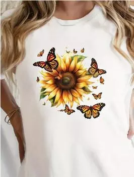 Модная женская креативная футболка с принтом подсолнуха и бабочки, забавная повседневная футболка с круглым вырезом и короткими рукавами, летняя женская футболка XS зелёный