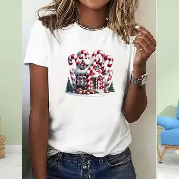 Модная женская креативная футболка с принтом «Рождественский домик», забавная повседневная футболка с круглым вырезом и короткими рукавами, летняя женская футболка XS белый