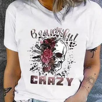 Модная женская креативная футболка с принтом розы и черепа, забавная повседневная футболка с круглым вырезом и короткими рукавами, летняя женская футболка XS белый