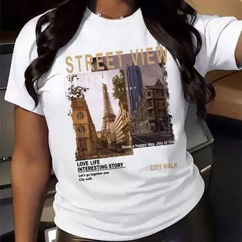 Модная женская креативная футболка с принтом в виде пейзажа и букв, забавная повседневная футболка с короткими рукавами и круглым вырезом, летняя женская футболка XS белый