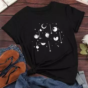 Модная женская креативная футболка с принтом звезд, луны и любви, забавная повседневная футболка с круглым вырезом и короткими рукавами, летняя женская футболка XS белый