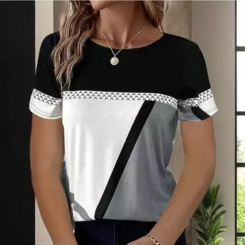 Модная женская креативная футболка в полоску с цветными блоками и принтом, забавная повседневная футболка с круглым вырезом и короткими рукавами, летняя женская футболка XS розовый