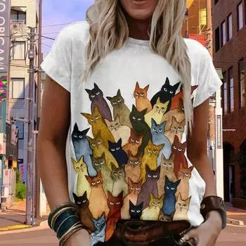 Модная женская креативная красочная футболка с принтом кота, забавная повседневная футболка с круглым вырезом и короткими рукавами, летняя женская футболка XS белый