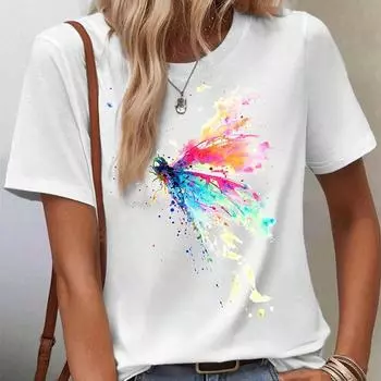 Модная женская креативная красочная пигментная футболка с принтом бабочек, забавная повседневная футболка с круглым вырезом и короткими рукавами, летняя женская футболка XS белый