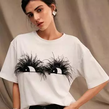 Модная женская креативная плюшевая футболка с принтом глаз, забавная повседневная футболка с круглым вырезом и короткими рукавами, летняя женская футболка XS белый