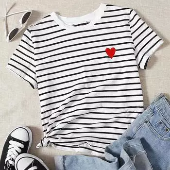 Модная женская креативная полосатая футболка с принтом сердца, забавная повседневная футболка с круглым вырезом и короткими рукавами, летняя женская футболка XS белый