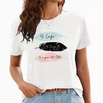 Модная женская креативная трехцветная футболка с принтом перьев, забавная повседневная футболка с круглым вырезом и короткими рукавами, летняя женская футболка XS белый