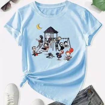 Модная женская крутая футболка с принтом «Человек с бензопилой», забавная повседневная футболка с круглым вырезом и короткими рукавами, летняя женская футболка XS фиолетовый