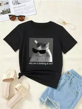 Модная женская крутая футболка с принтом кота в очках, забавная повседневная футболка с круглым вырезом и короткими рукавами, летняя женская футболка XS розовый