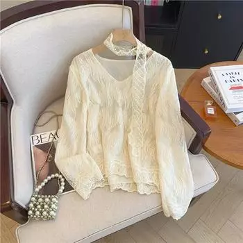Модная женская кружевная рубашка с V-образным вырезом и длинным рукавом 2025 года, весна-осень, свободная, новая, элегантная, с ленточным воротником, однотонная, повседневная, простая верхняя одежда 3139 S абрикосовый