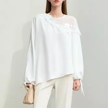 Модная женская кружевная шифоновая асимметричная блузка 2025 Весна Плюс Размер Новая элегантная рубашка с круглым вырезом Трехмерное сращивание Повседневные свободные топы с длинным рукавом M бежевый