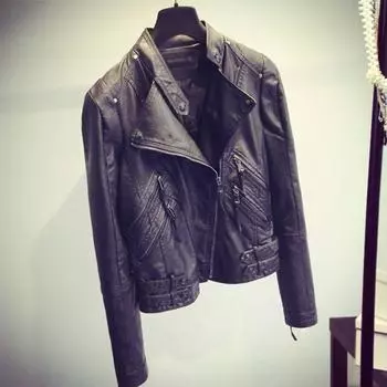 Модная женская куртка из искусственной кожи на весну и осень, короткая, тонкая S чёрный