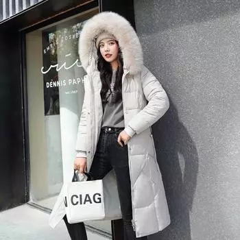 Модная женская куртка на хлопковой подкладке с большим меховым воротником, куртка с капюшоном, зимнее теплое тонкое хлопковое пальто, женское толстое пальто до колена M чёрный