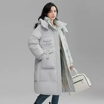 Модная женская куртка-пуховик средней и длинной длины, зимняя, свободная, с большим карманом, куртка-пуховик на утином пуху прилив S size 90-60kg чёрный