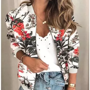 Модная женская куртка с длинными рукавами и застежкой-молнией с круглым вырезом и принтом XXXXXL белый