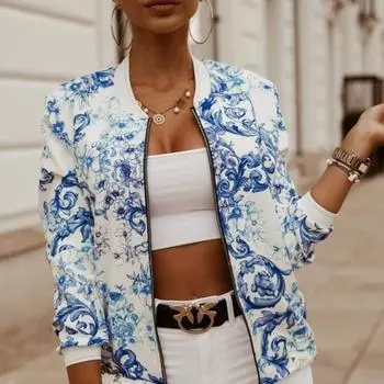 Модная женская куртка с длинными рукавами и застежкой-молнией с круглым вырезом и принтом XXL белый