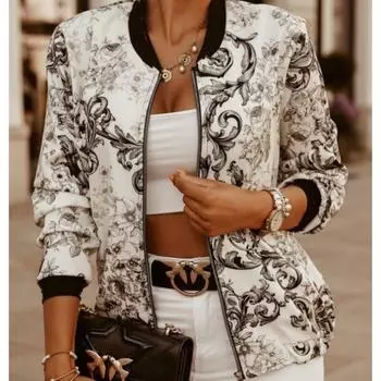 Модная женская куртка с круглым вырезом и молнией с длинными рукавами и принтом, большие размеры XXL белый