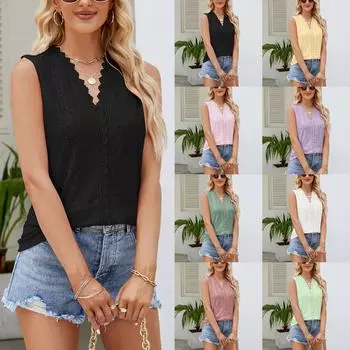 Модная женская летняя кружевная лоскутная блузка без рукавов с v-образным вырезом и сексуальным топом XXL чёрный