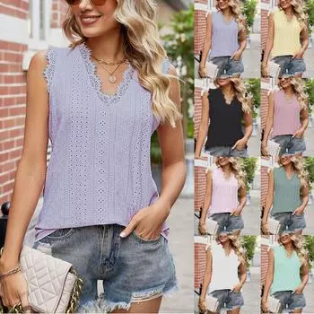 Модная женская летняя кружевная лоскутная блузка без рукавов с v-образным вырезом и сексуальным топом L чёрный