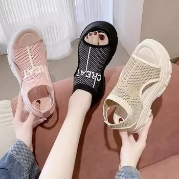 Модная женская летняя обувь 2024 года, новые сетчатые босоножки на платформе с рыбками, женские босоножки на танкетке с открытым носком, легкая повседневная женская обувь Zapatillas Muje 35 розовый