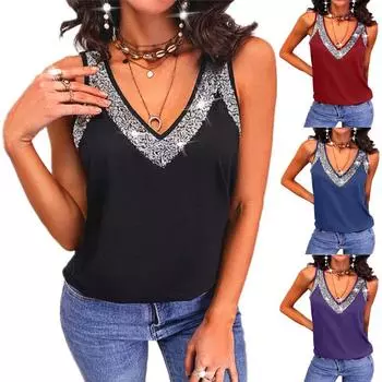 Модная женская летняя однотонная футболка без рукавов с пайетками S красный