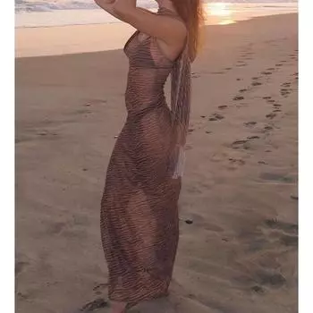 Модная женская летняя пляжная юбка на подтяжках в европейском и американском стиле, сетчатая обертка на ягодицах, прозрачное облегающее платье L