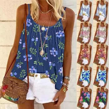 Модная женская летняя повседневная блузка без рукавов с круглым вырезом и принтом CamisTop XXL чёрный