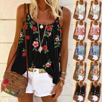 Модная женская летняя повседневная блузка без рукавов с круглым вырезом и принтом CamisTop XXL чёрный