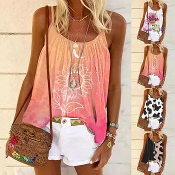 Модная женская летняя повседневная блузка без рукавов с круглым вырезом и принтом CamisTop XL оранжевый
