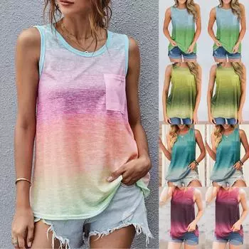 Модная женская летняя повседневная майка без рукавов с круглым вырезом и принтом, блузка M синий