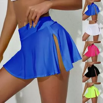 Модная женская летняя повседневная однотонная спортивная мини-юбка трапециевидной формы с разрезом для йоги M чёрный