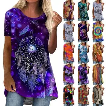 Модная женская летняя повседневная пляжная свободная футболка с круглым вырезом и короткими рукавами с принтом, топы XXL оранжевый