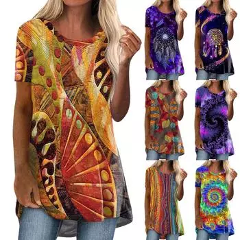 Модная женская летняя повседневная пляжная свободная футболка с круглым вырезом и короткими рукавами с принтом, топы L циан