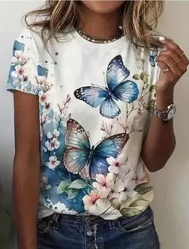 Модная женская масляная живопись, трехмерные цветы, принт с бабочками Авроры, футболка, забавная повседневная футболка с короткими рукавами и круглым вырезом, летняя женская футболка XS фиолетовый