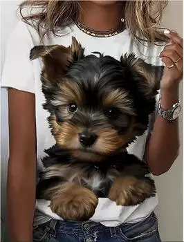 Модная женская милая футболка с 3D принтом собаки, забавная повседневная футболка с круглым вырезом и короткими рукавами, летняя женская футболка XS розовый