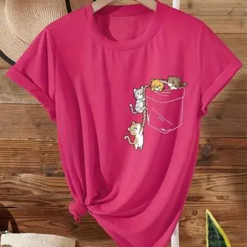 Модная женская милая футболка с принтом играющего кота, забавная повседневная футболка с круглым вырезом и короткими рукавами, летняя женская футболка XS зелёный